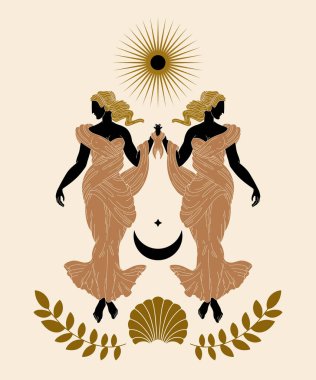 Afrodit 'in uzun elbiseli resminin çizilmiş hali izole edilmiş. Deniz kabuğu ve ay ile yaratıcı sanat eserleri. Kart, poster, afiş, tişört, rozet, yama için baskı şablonu.