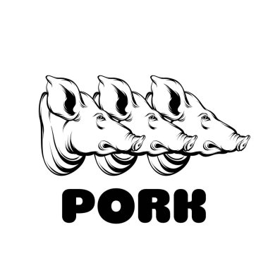 Domuz eti. Üzerinde yazı olan domuz kafasının vektör eliyle çizilmiş hali. Dövme çizimi. Kart, poster, afiş, tişört, rozet, yama için baskı şablonu.