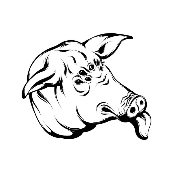 Vektorhandgezeichnete Illustration Eines Schweinekopfes Mit Vielen Augen Und Zunge Tätowierung — Stockvektor