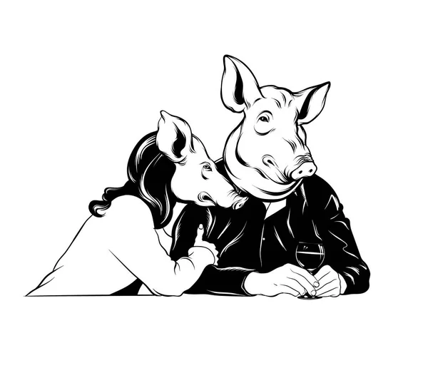 Illustration Vectorielle Dessinée Main Couple Avec Tête Porc Verre Vin — Image vectorielle