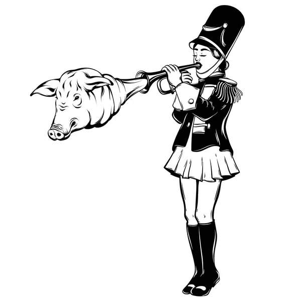 Vector Hand Drawn Illustration Trumpeter Pig Head Surrealistic Tattoo Artwork — Stock Vector