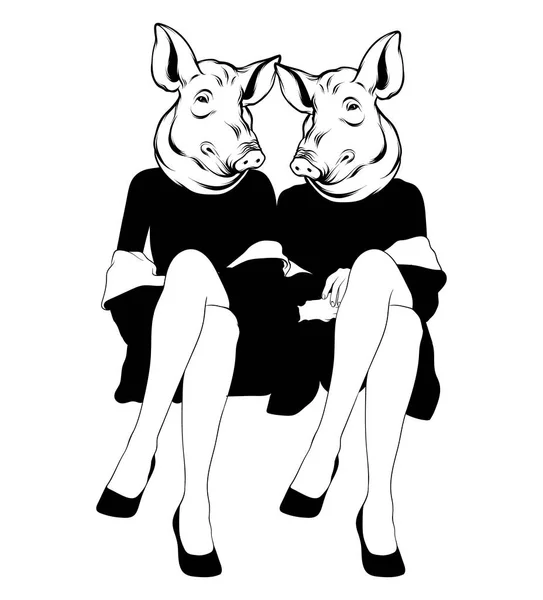 Illustration Vectorielle Dessinée Main Filles Tête Porc Tatouage Anthropomorphe Modèle — Image vectorielle