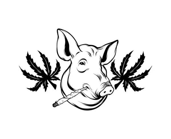 用分离的大麻叶绘制猪头的矢量手绘图解 创意纹身艺术品 T恤衫印模 贴片模版 — 图库矢量图片