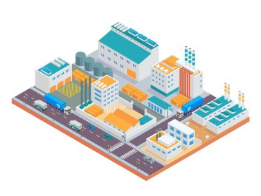 Modern izometrik büyük endüstriyel fabrika ve lojistik ambar karmaşık illüstrasyon, diyagramları, Infographics, illüstrasyon ve diğer grafik için uygun varlıkları ile ilgili