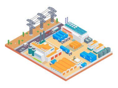 Modern izometrik büyük endüstriyel fabrika ve lojistik ambar karmaşık illüstrasyon, diyagramları, Infographics, illüstrasyon ve diğer grafik için uygun varlıkları ile ilgili