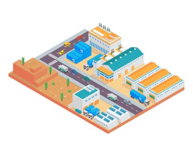 Modern izometrik büyük endüstriyel fabrika ve lojistik ambar karmaşık illüstrasyon, diyagramları, Infographics, illüstrasyon ve diğer grafik için uygun varlıkları ile ilgili