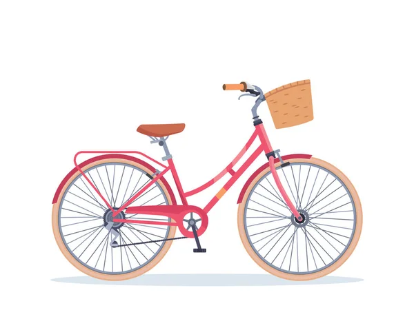 城市女性粉红自行车与篮子自行车插图 — 图库矢量图片