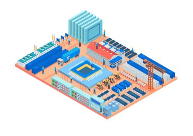 Modern izometrik akıllı fabrika devre kartı konsept illüstrasyon izole beyaz arka planda