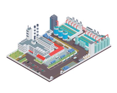 Modern izometrik endüstriyel fabrika tesisleri, diyagramları, Infographics, Gösterim amacıyla uygun atık filtreleme ile ve diğer grafik ilgili varlıkları