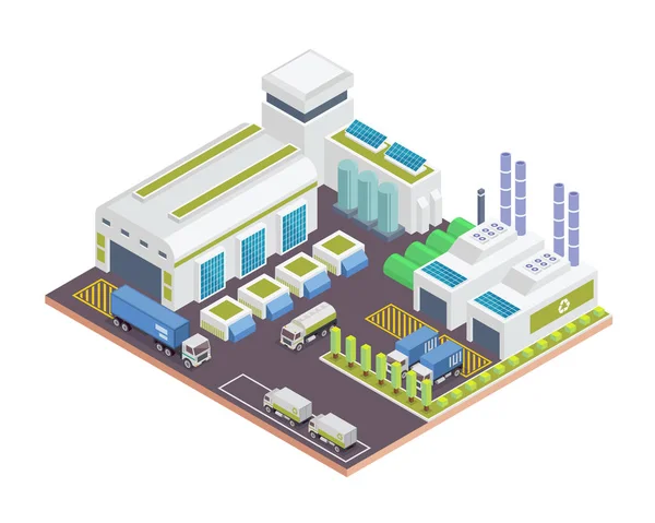 Bâtiment Moderne Usine Recyclage Vert Isométrique Avec Énergie Panneau Solaire — Image vectorielle