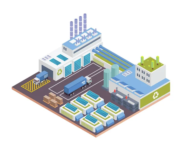 Bâtiment Moderne Usine Recyclage Vert Isométrique Avec Énergie Panneau Solaire — Image vectorielle