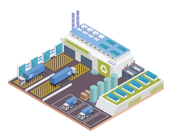 Modern Izometrikus Zöld Recycle Factory Épület Napelemes Energia Alkalmas Diagramok — Stock Vector