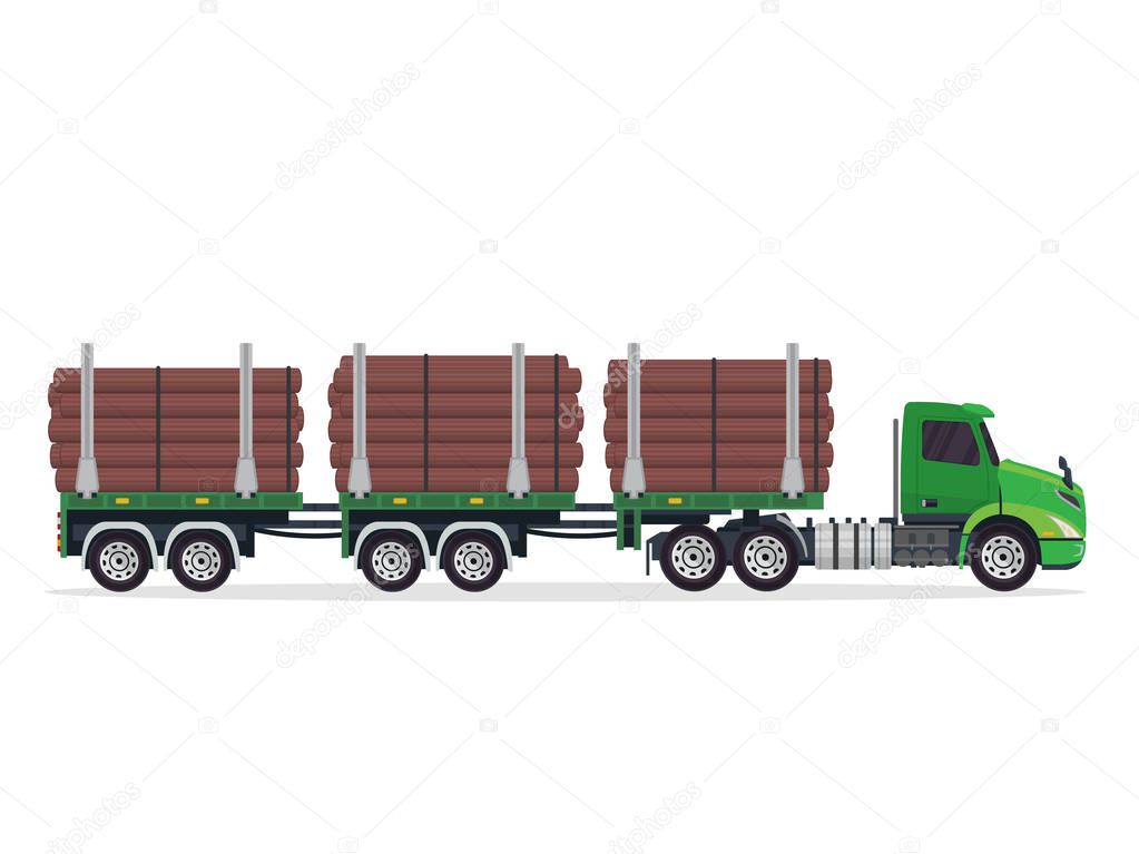 Modern Large Commercial Wood Logging Truck Expedition Illustration In Isolated White Background