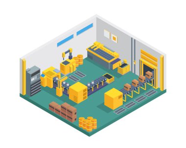 Modern izometrik fabrika üretim iç konveyör bant makinesi, diyagramları, Infographics, Gösterim amacıyla uygun veya diğer grafik ilgili