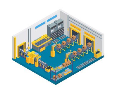 Modern izometrik fabrika üretim iç konveyör bant makinesi, diyagramları, Infographics, Gösterim amacıyla uygun veya diğer grafik ilgili