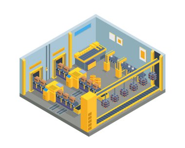 Modern izometrik fabrika üretim iç konveyör bant makinesi, diyagramları, Infographics, Gösterim amacıyla uygun veya diğer grafik ilgili