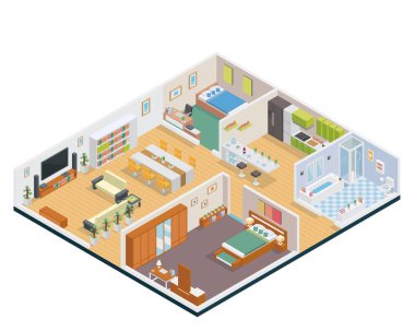 Modern izometrik konut ev alan sahne iç tasarım, oyun varlık, Infographic, Web afiş, baskı tasarımı, Diyagram ve diğer ilgili fırsat için uygun.