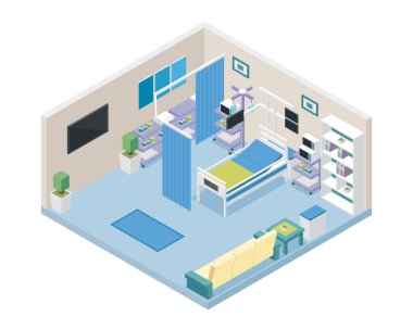 Modern hastane VIP yoğun bakım odası alan iç boyut izometrik görünüm içinde