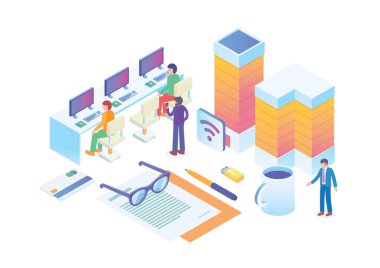 Modern Isometric Smart Startup Manager Yönetici Illustration, Diyagramlar, Infographics, Book Illustration, Game Asset, ve diğer grafikle ilgili varlıklar için elverişli