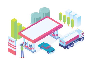 Modern Isometric Şehir Benzin İstasyonu Illustration, Diyagramlar, Infographics, Book Illustration, Game Asset, ve diğer Grafik İlgili Varlıklar