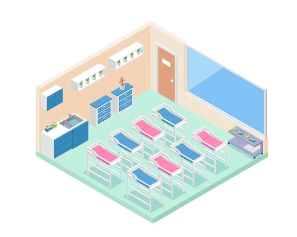 Salle Bébé Hôpital Moderne Intérieur Vue Isométrique Illustration — Image vectorielle