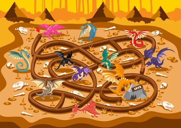 Spaß Pädagogische Prähistorische Dinosaurier Thema Labyrinth Puzzle Spiele Für Kinder — Stockvektor