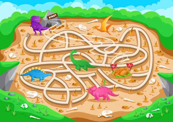 Fun Éducatif Préhistorique Dinosaure Thème Labyrinthe Puzzle Jeux Pour Enfants — Image vectorielle