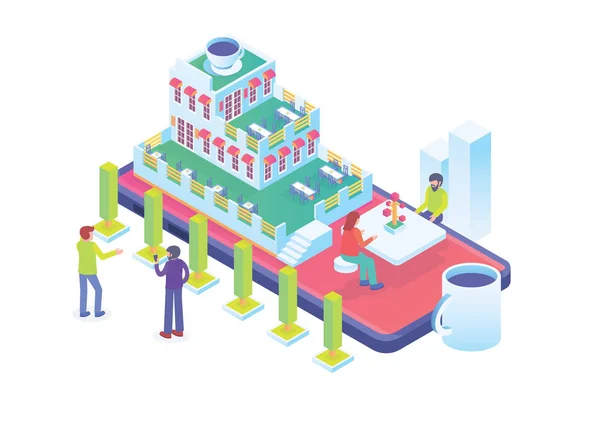 Moderne Isometrische Smart Online Cafe Reservierung Geeignet Für Diagramme Infografiken — Stockvektor