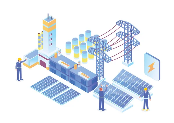 Moderne Isometrische Smart Electricity Solar Power Plant Illustration Geschikt Voor — Stockvector