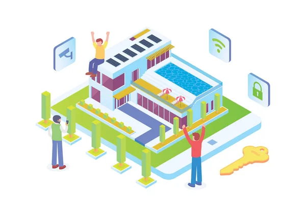 Ilustración Moderna Del Sistema Tecnología Para Hogar Inteligente Isométrico Adecuada — Vector de stock