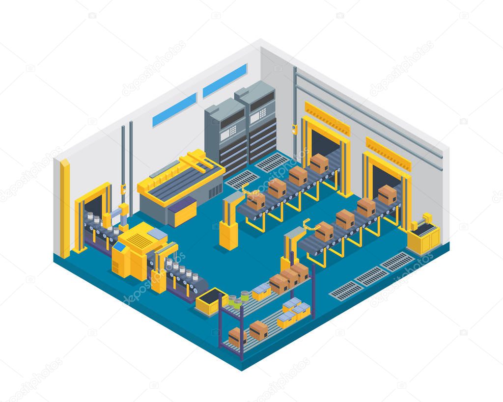 Modern Isometric Factory Manufacture Interior With Conveyor Belt Machine, Suitable for Diagrams, Infographics, Illustration, And Other Graphic Related Assets