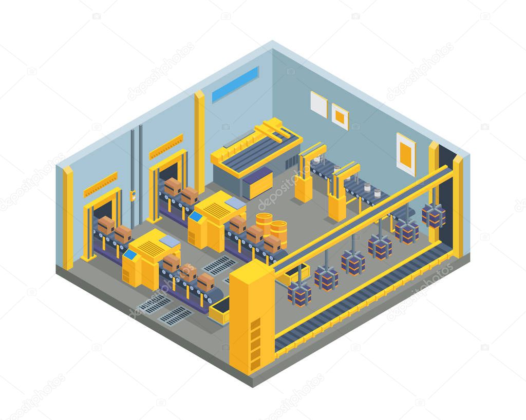 Modern Isometric Factory Manufacture Interior With Conveyor Belt Machine, Suitable for Diagrams, Infographics, Illustration, And Other Graphic Related Assets