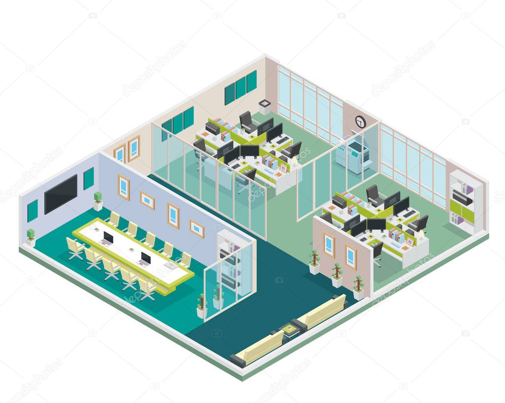 Modern Isometric Startup Creative Office Space Scene Interior Design, Suitable For Game Asset, Infographic, Web Banner, Print Design, Diagram, and Other Related Occasion.