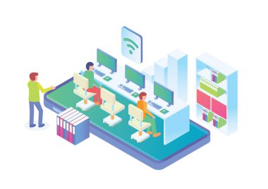 Modern izometrik akıllı dijital başlangıç Office Cubical illüstrasyon, diyagramları, Infographics, kitap Illustration, oyun varlık ve diğer grafik için uygun varlıkları ile ilgili