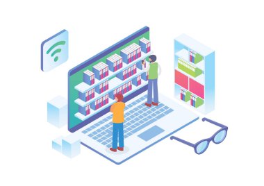 Modern Isometric Smart Online Library Illustration, Diyagram, Infographics, Book Illustration, Game Asset, ve diğer grafiksel bağlantılı varlıklar
