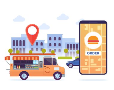 Modern kentsel şehir Burger sipariş teslim mobil sistem illüstrasyon izleme