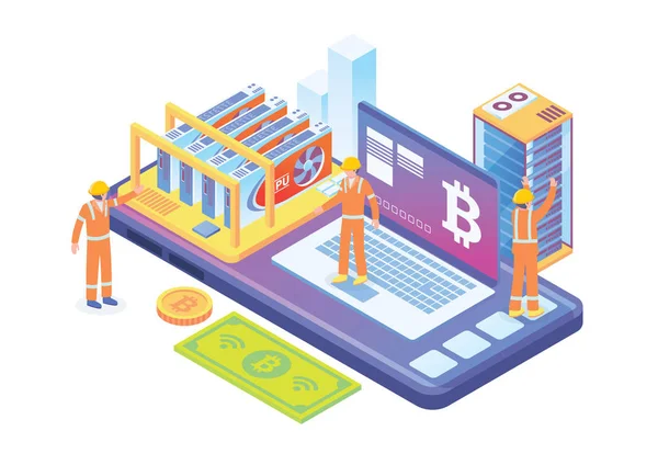 Ilustración Elegante Isométrica Moderna Explotación Minera Bitcoin Conveniente Para Los — Vector de stock