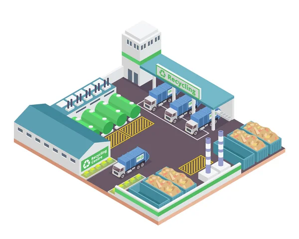 Bâtiment Moderne Usine Recyclage Vert Isométrique Avec Énergie Panneau Solaire — Image vectorielle