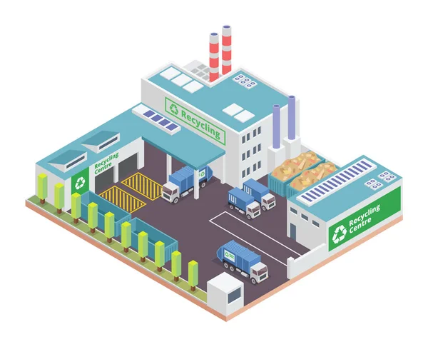 Modernes Isometrisches Grünes Recycling Fabrikgebäude Mit Solarzellen Energie Geeignet Für — Stockvektor