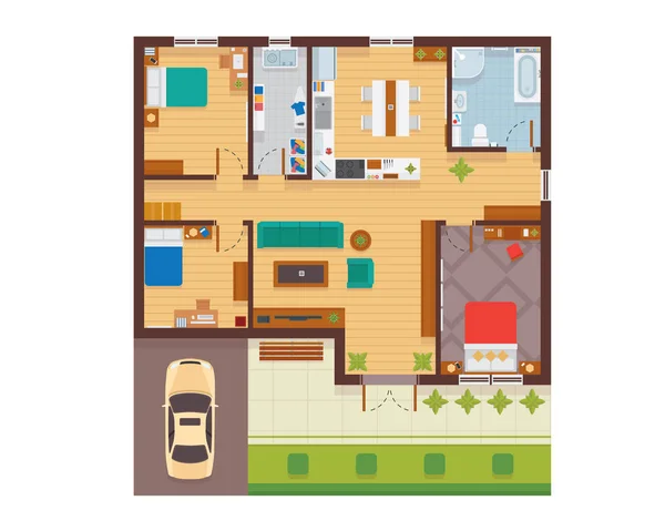 フラットな近代的な家族の家のインテリアや室内空間のリビング ルーム ダイニング ルーム キッチン ベッドルーム ファミリールーム ガレージを示す平面図図から — ストックベクタ