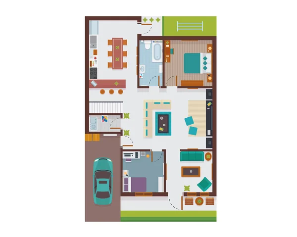フラットな近代的な家族の家のインテリアや室内空間のリビング ルーム ダイニング ルーム キッチン ベッドルーム ファミリールーム ガレージを示す平面図図から — ストックベクタ