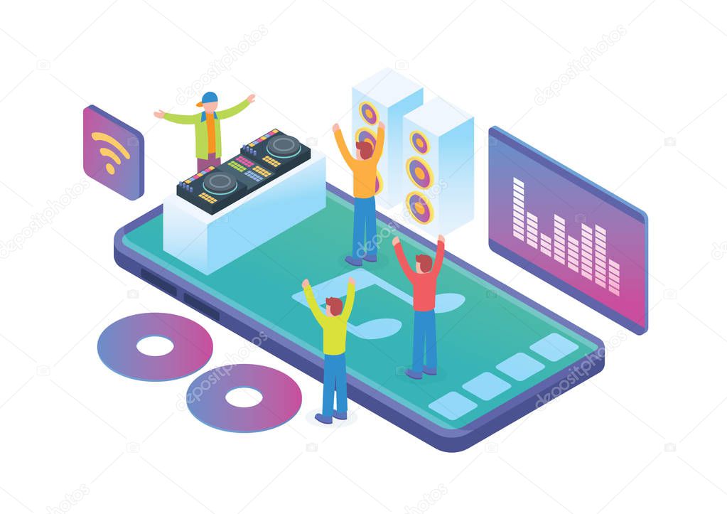 Modern Isometric Online Music Entertainment Technology Illustration in White Isolated Background With People and Digital Related Asset