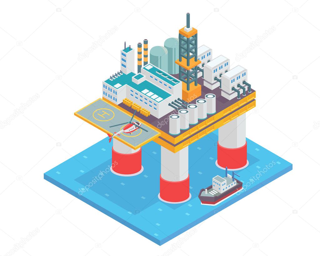 Modern Isometric Offshore Oil Rig Drilling Facility Illustration, Suitable For Book Illustration, Game Asset, Infographic, And Other Oil Industry Related Occasion