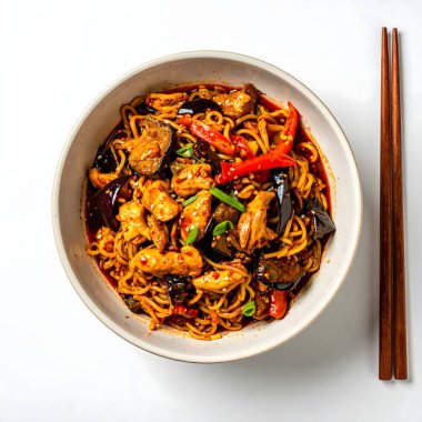 Geleneksel Asya mutfağına modern bir bakış açısıyla, bu resim, ahşap çubukların yanına düzgün yerleştirilmiş baharatlı kırmızı soslu, sulu tavuk parçaları ve zengin renkli eriştelerle dolu temiz, beyaz bir kase gösteriyor.