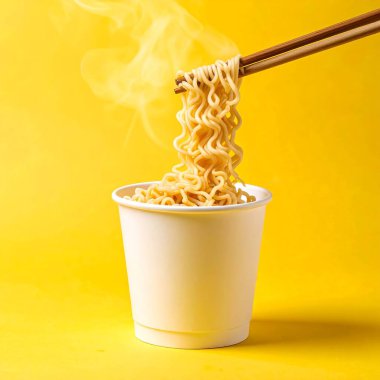 Bu minimalist fotoğraftaki sarı arka plan buharlı erişteleri ve tek kullanımlık bardakları ortaya çıkarıyor. Fast food, yemek kitleri veya gençlik markaları için mükemmel..