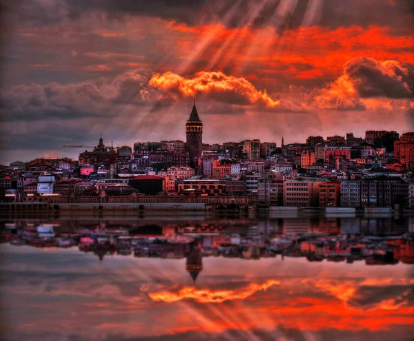 Magic Sunset in Istanbul, Turkey. View of the Galata Tower