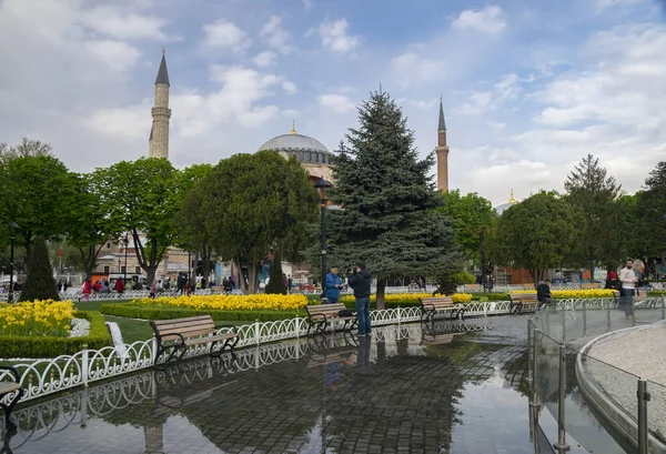 Tulip Fesztivál Sultahahmet Téren Tulipánok Hagia Sophia Isztambulban Törökországban Fénykép — Stock Fotó