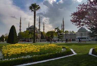 Sultahahmet Meydanı'nda Lale Festivali. İstanbul'da Laleler ve Sultanahmet Camii. Fotoğraf 21 Nisan 2017 tarihinde İstanbul, Türkiye