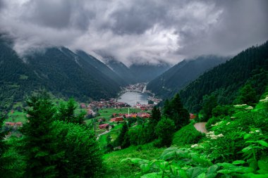 Uzungol göl manzarası (Uzun Göl) Trabzon 'daki dağ ve göl manzarası. Turistler için popüler yaz mevsimi.