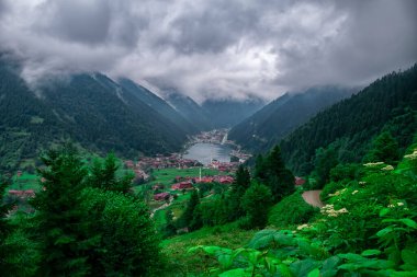 Uzungol göl manzarası (Uzun Göl) Trabzon 'daki dağ ve göl manzarası. Turistler için popüler yaz mevsimi.